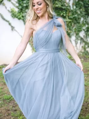 A-Line One-Shoulder Pleated Blue Tulle Bridesmaid Dress