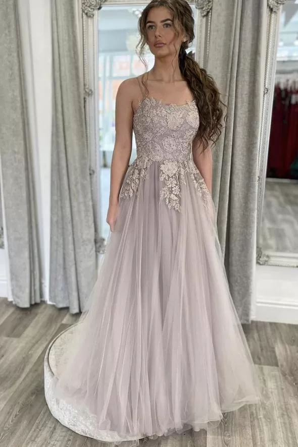 A Line Tulle Lace Appliques Long Flooe Length Formal Evening Dresses A line Prom Dresses