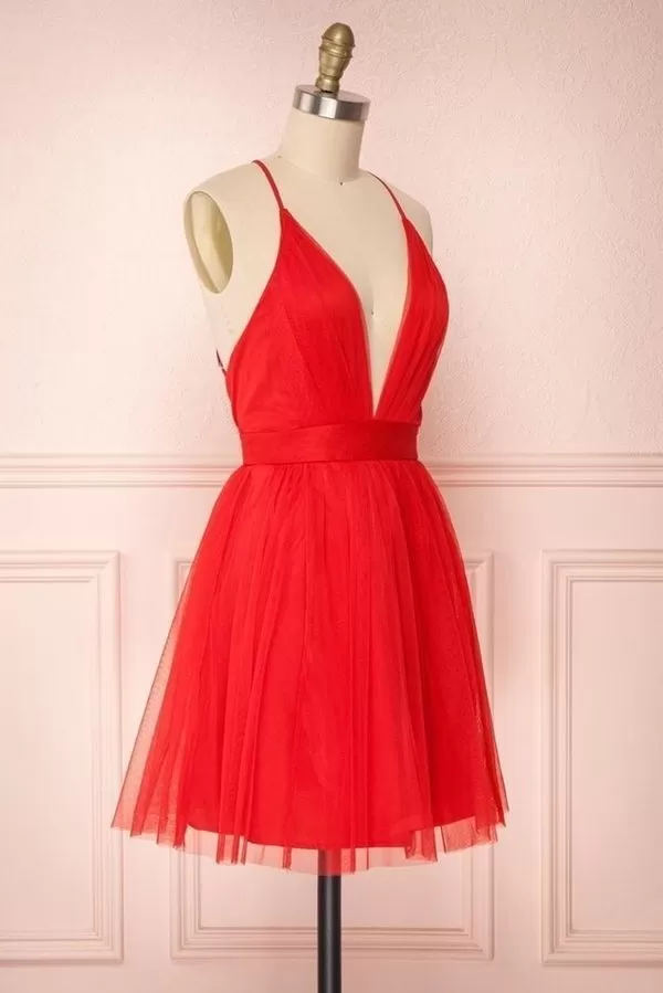 A Line V Neck Short Red/Burgundy Tulle Prom Dresses P43NMLDN