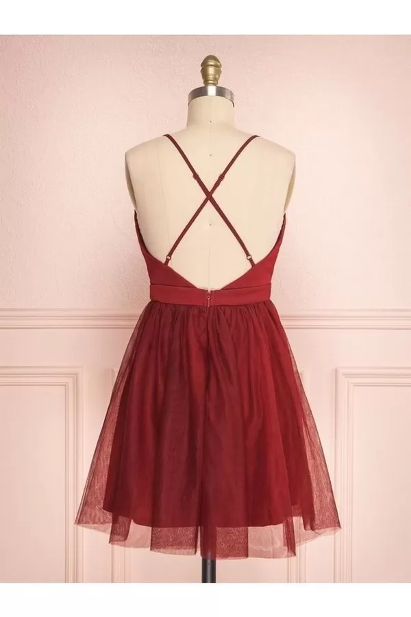 A Line V Neck Short Red/Burgundy Tulle Prom Dresses P43NMLDN