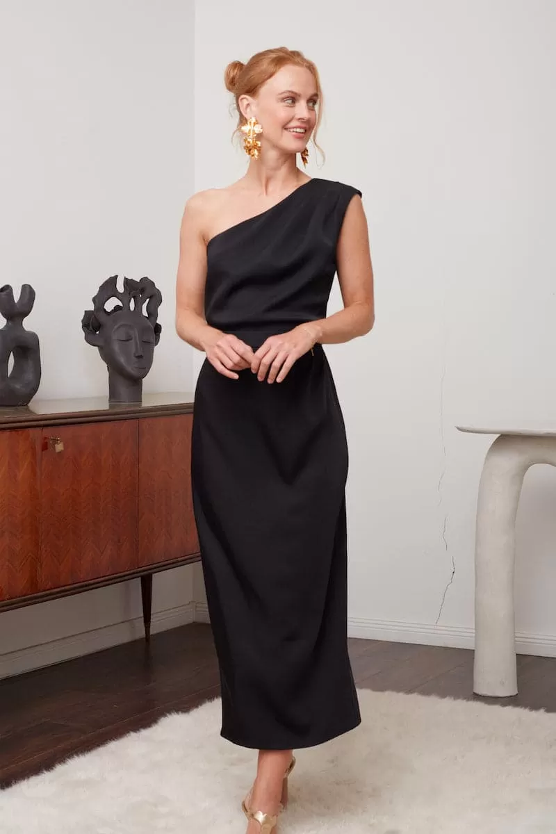 AISHA BLACK ONE-SHOULDER COCKTAIL MIDI DRESS