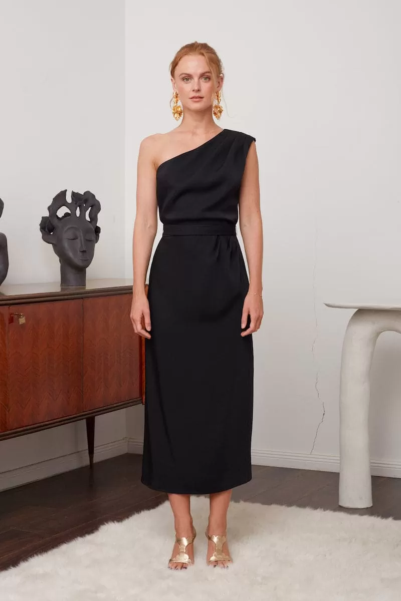 AISHA BLACK ONE-SHOULDER COCKTAIL MIDI DRESS