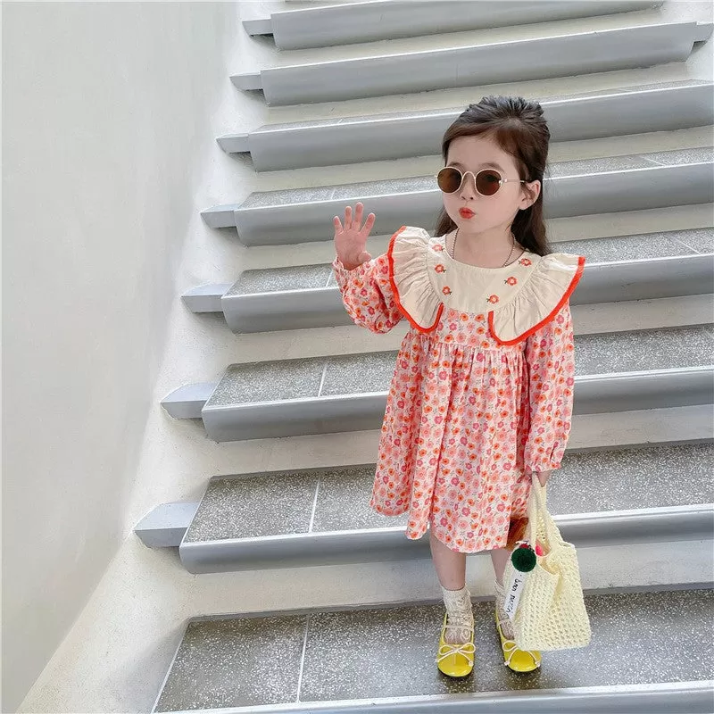 Baby Kid Girls Color-blocking Flower Embroidered Print Dresses