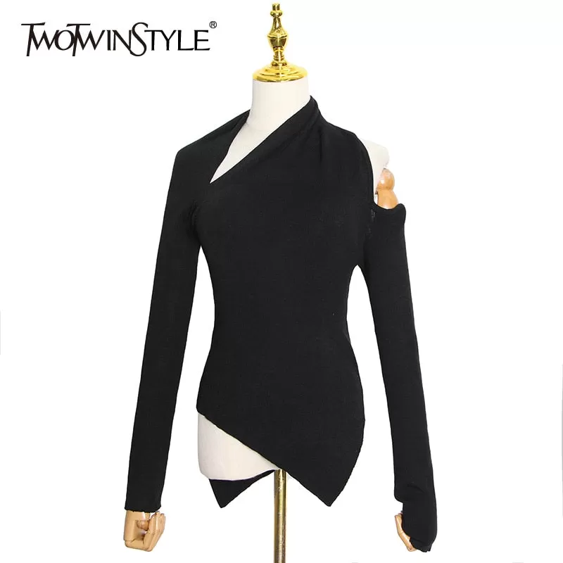 Black Sweater For Women Irregular Collar Long Sleeve One Off Shouder Hollow Out Knitted Sweaters Female 2022 Style