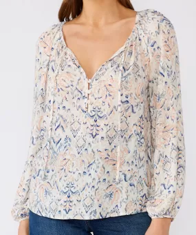 Boho Print Long Sleeve Blouse - Cream/Dusty Blue