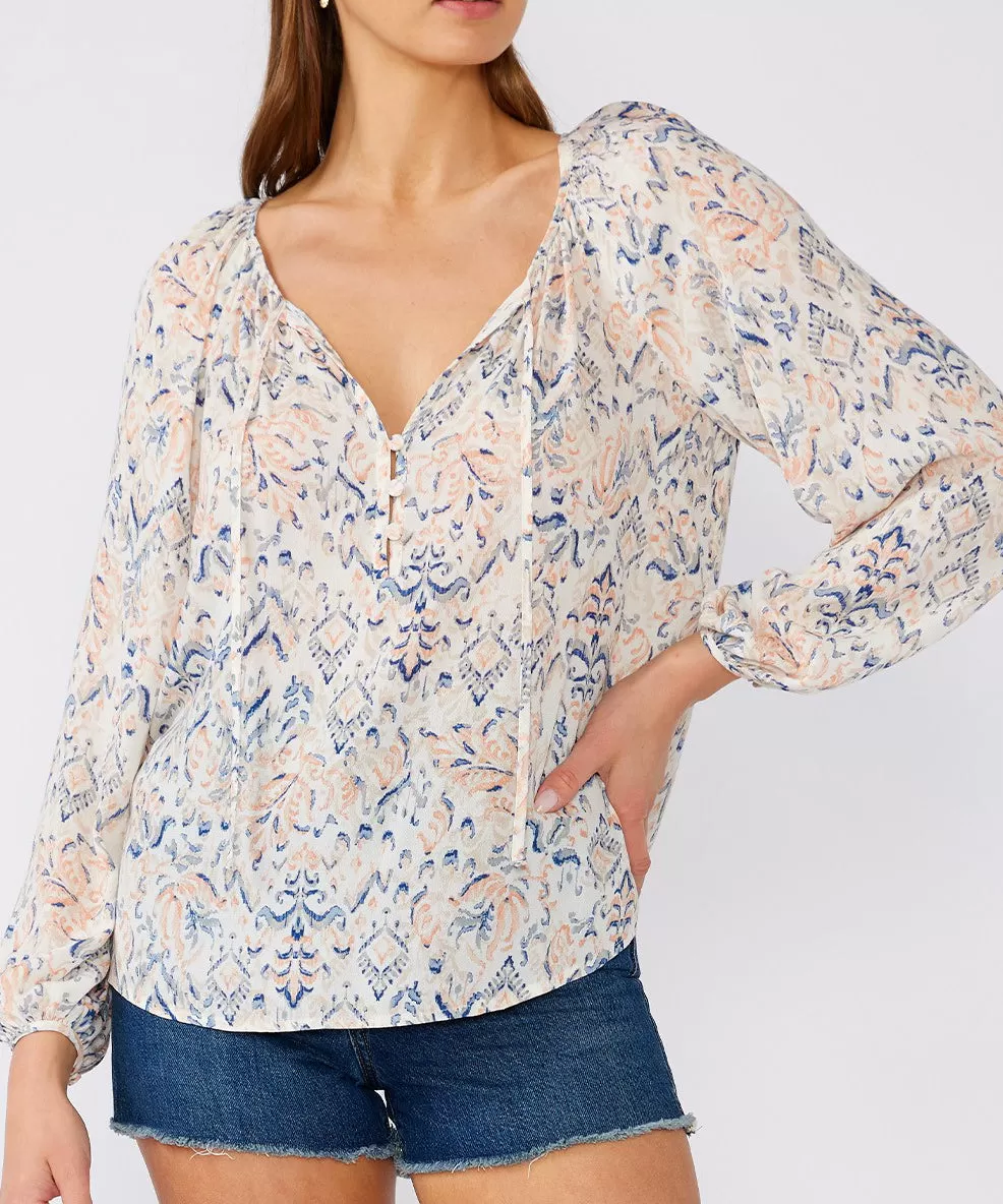 Boho Print Long Sleeve Blouse - Cream/Dusty Blue