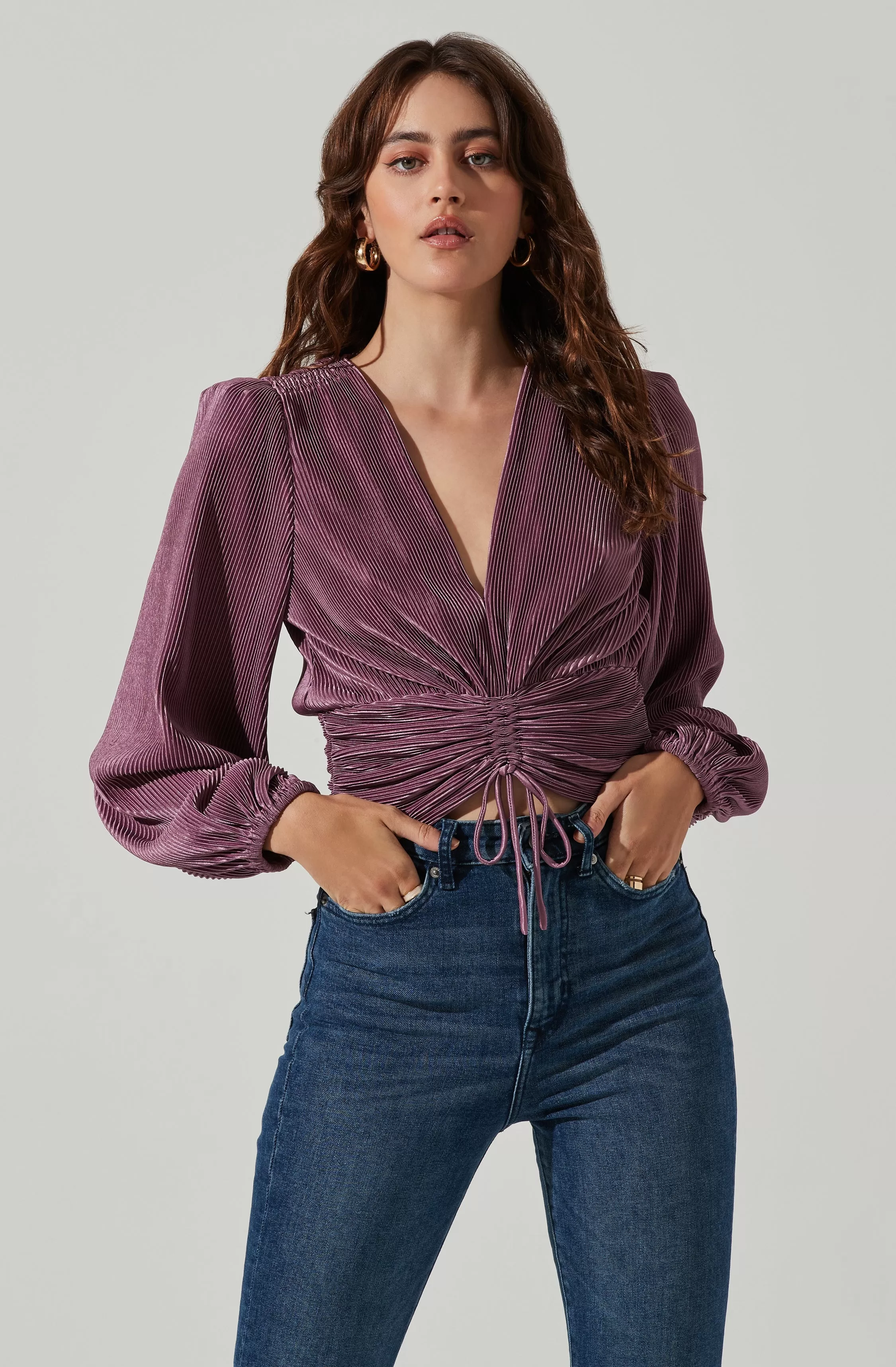 Braydon Pleated Ruched Front Long Sleeve Top