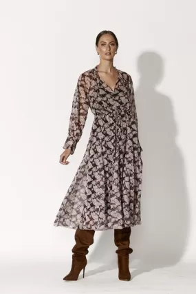 Breaking Away LS Black Rose Garden Midi Dress