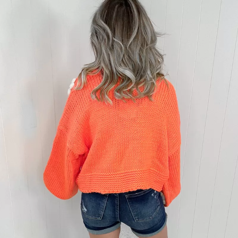 Bright Orange Flower Chunky Sweater Knit Cardigan