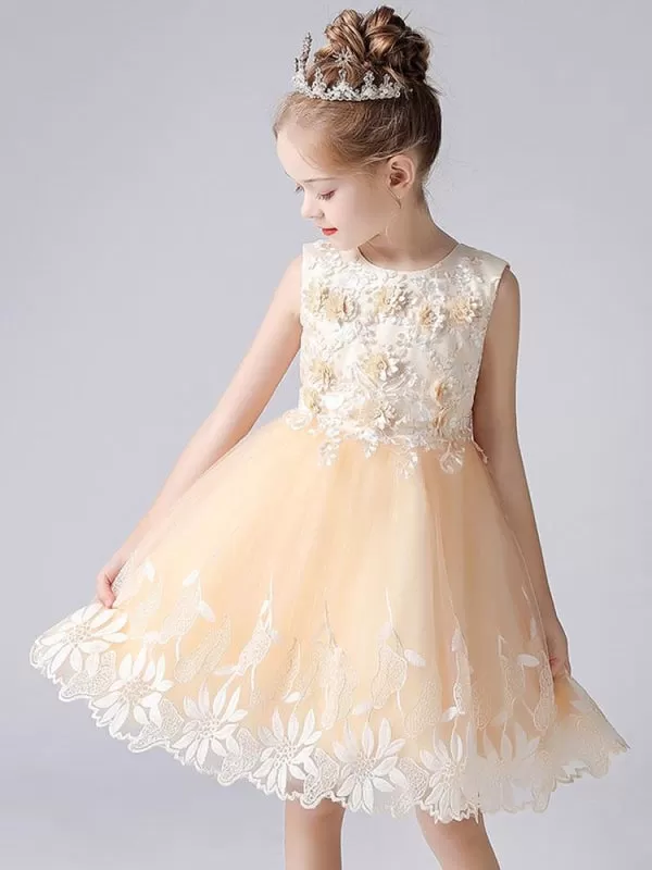 Champagne Color Flower Girl Dresses Sleeveless Short Princess Lace Flowers Formal Kids Dresses