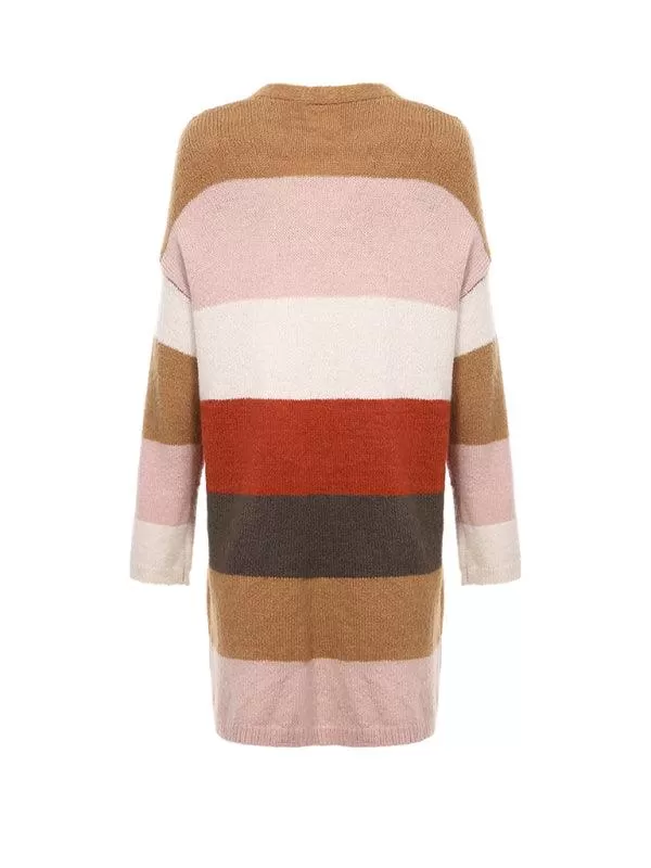 Contrast Striped Long  Women Cardigan Sweater