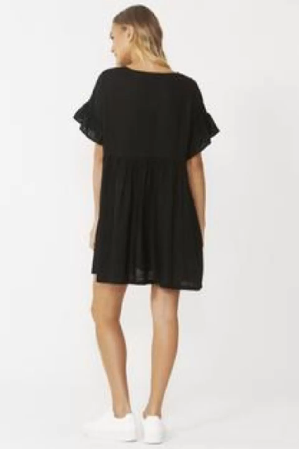 Daphne Black Linen SS Ruffle Sleeve Single Tiered Mini Dress