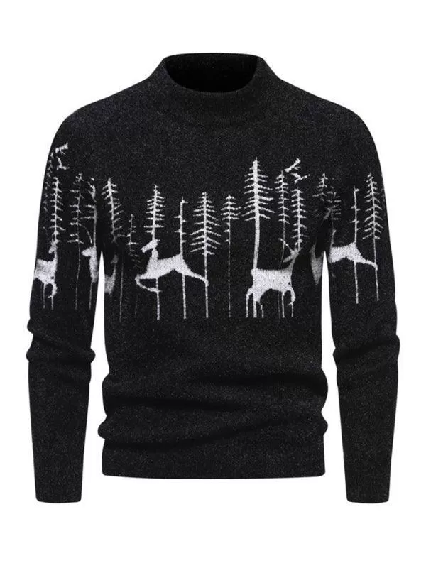 Deer Round Neck Knitted Men Pullover Sweater