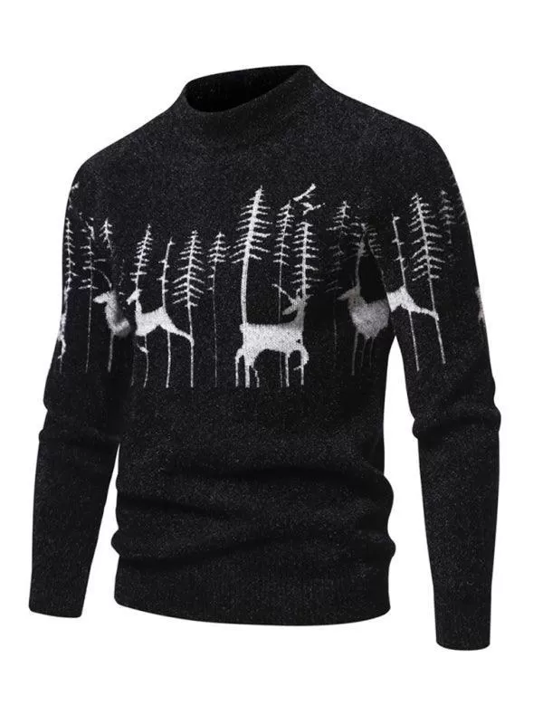 Deer Round Neck Knitted Men Pullover Sweater