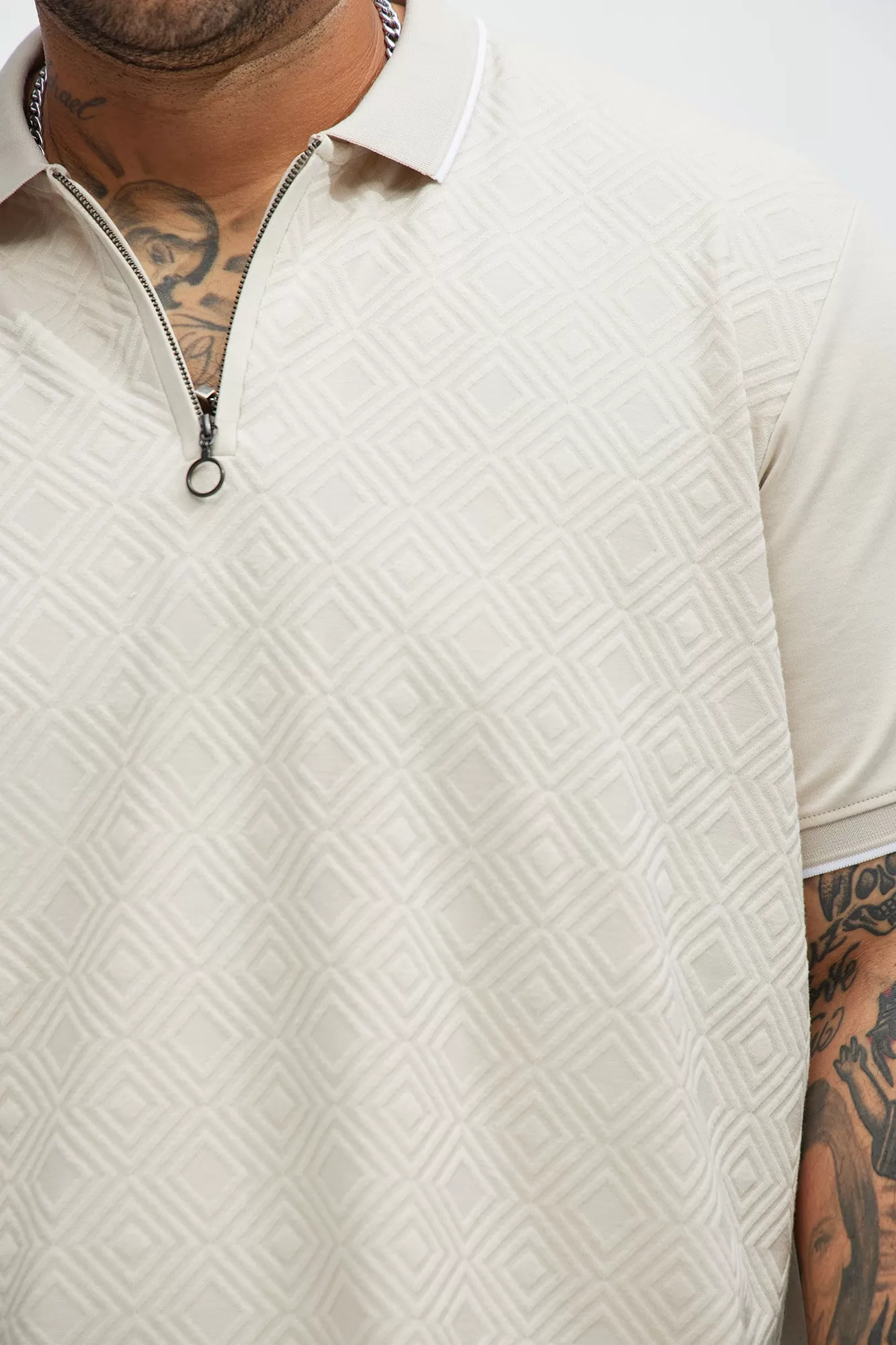 Diamond Textured Short Sleeve Polo - Sand