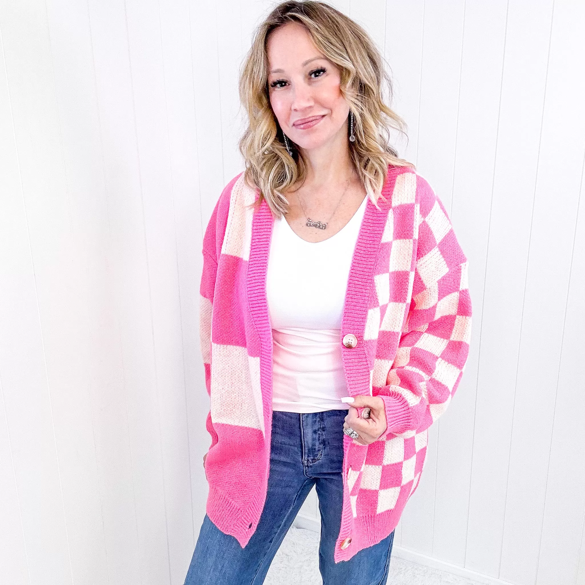 Don't Stop Me Now Oversized Pink Checkered Cardigan