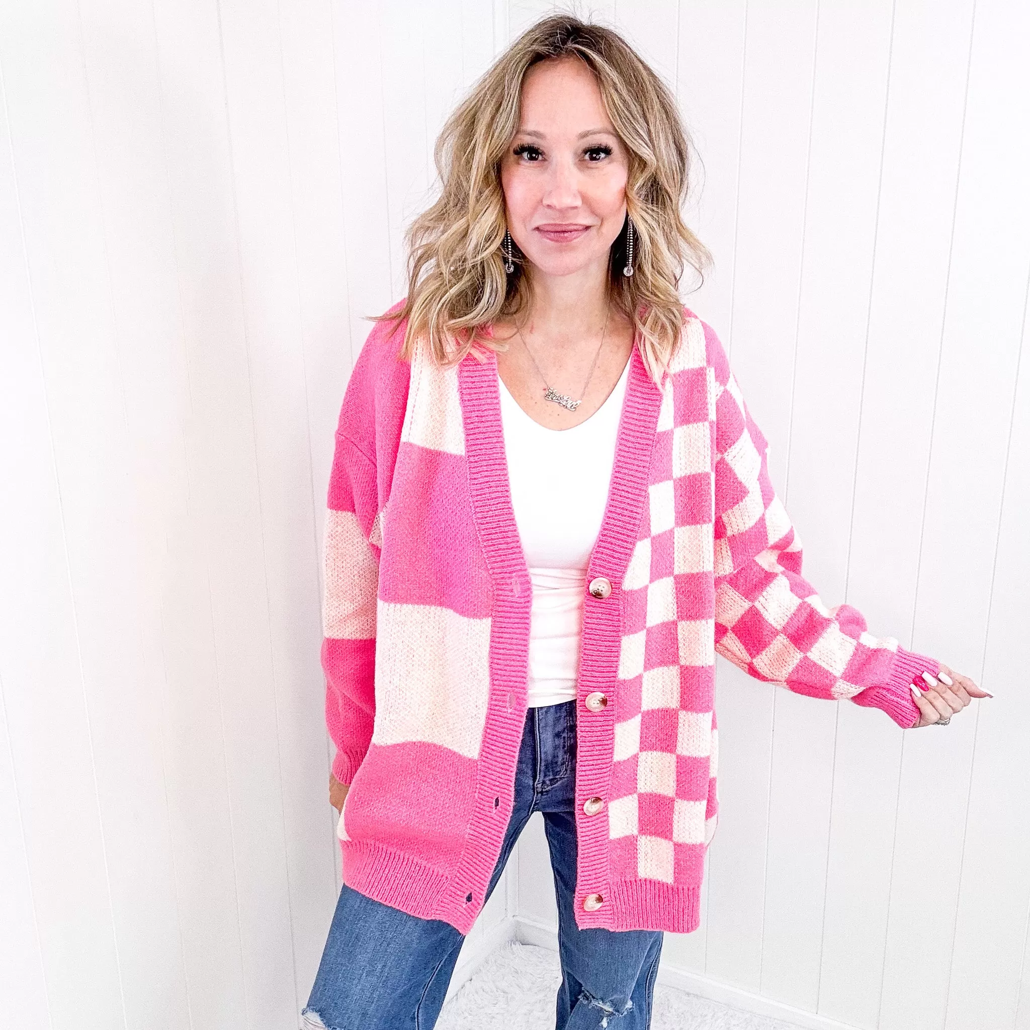 Don't Stop Me Now Oversized Pink Checkered Cardigan