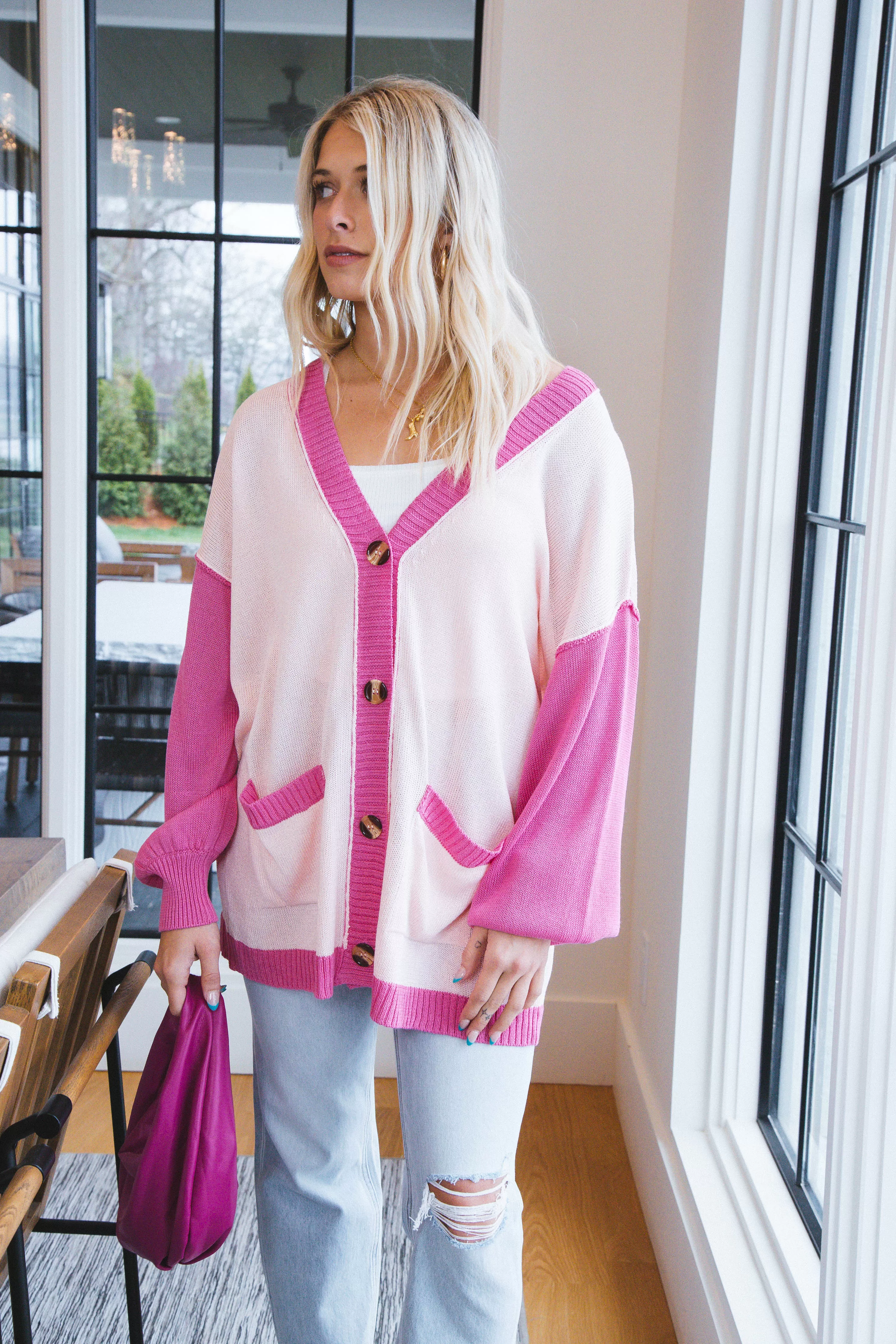 Elliana Colorblock Long Cardigan, Hot Pink Multi