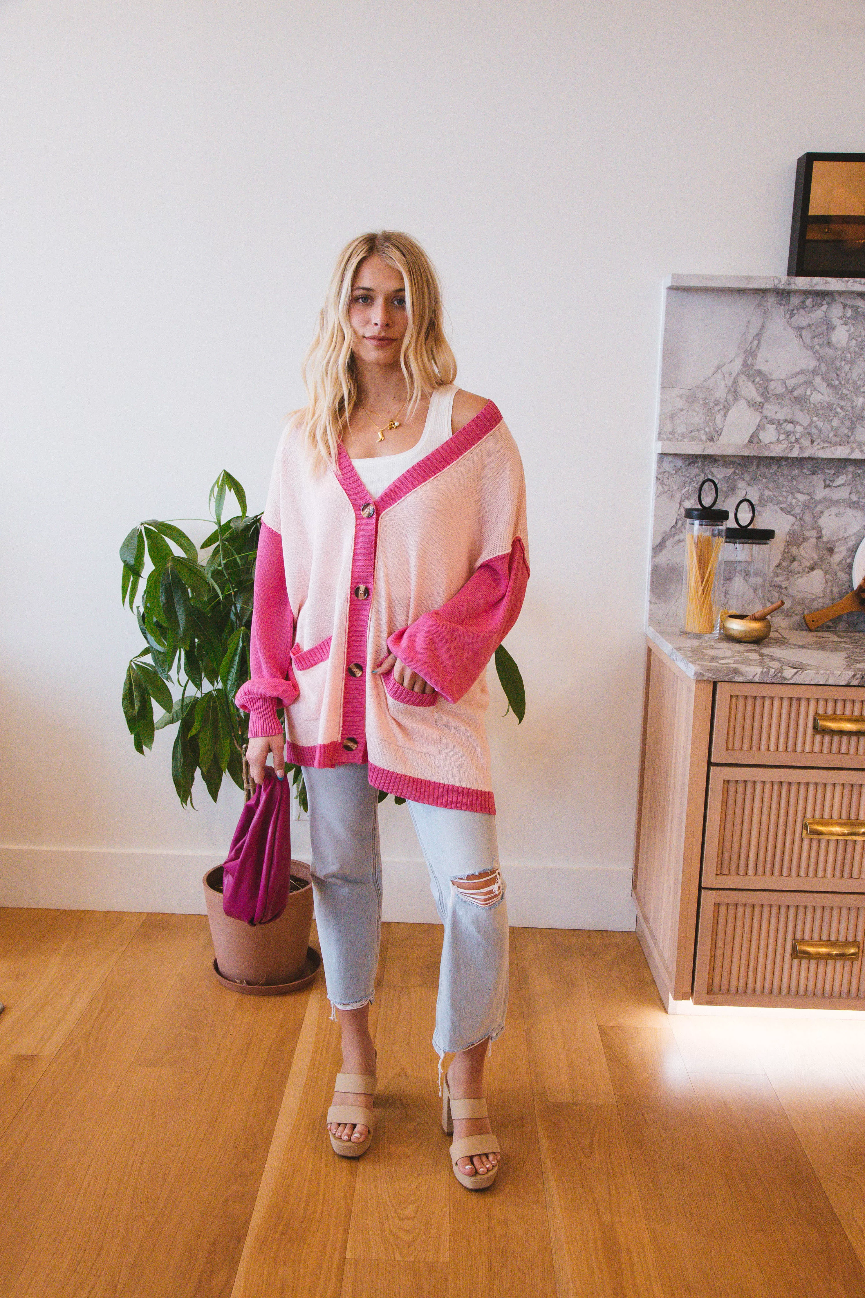 Elliana Colorblock Long Cardigan, Hot Pink Multi