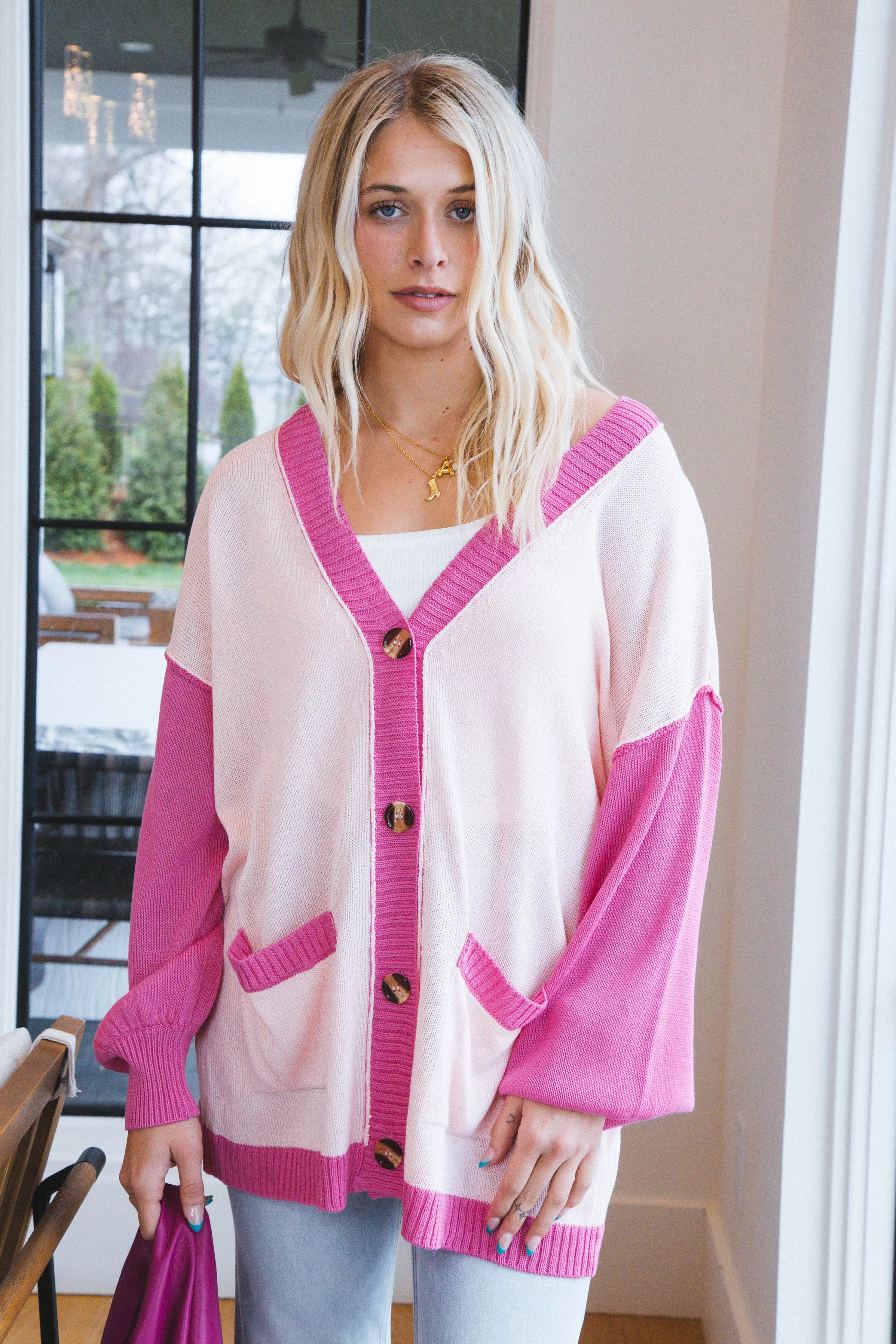 Elliana Colorblock Long Cardigan, Hot Pink Multi