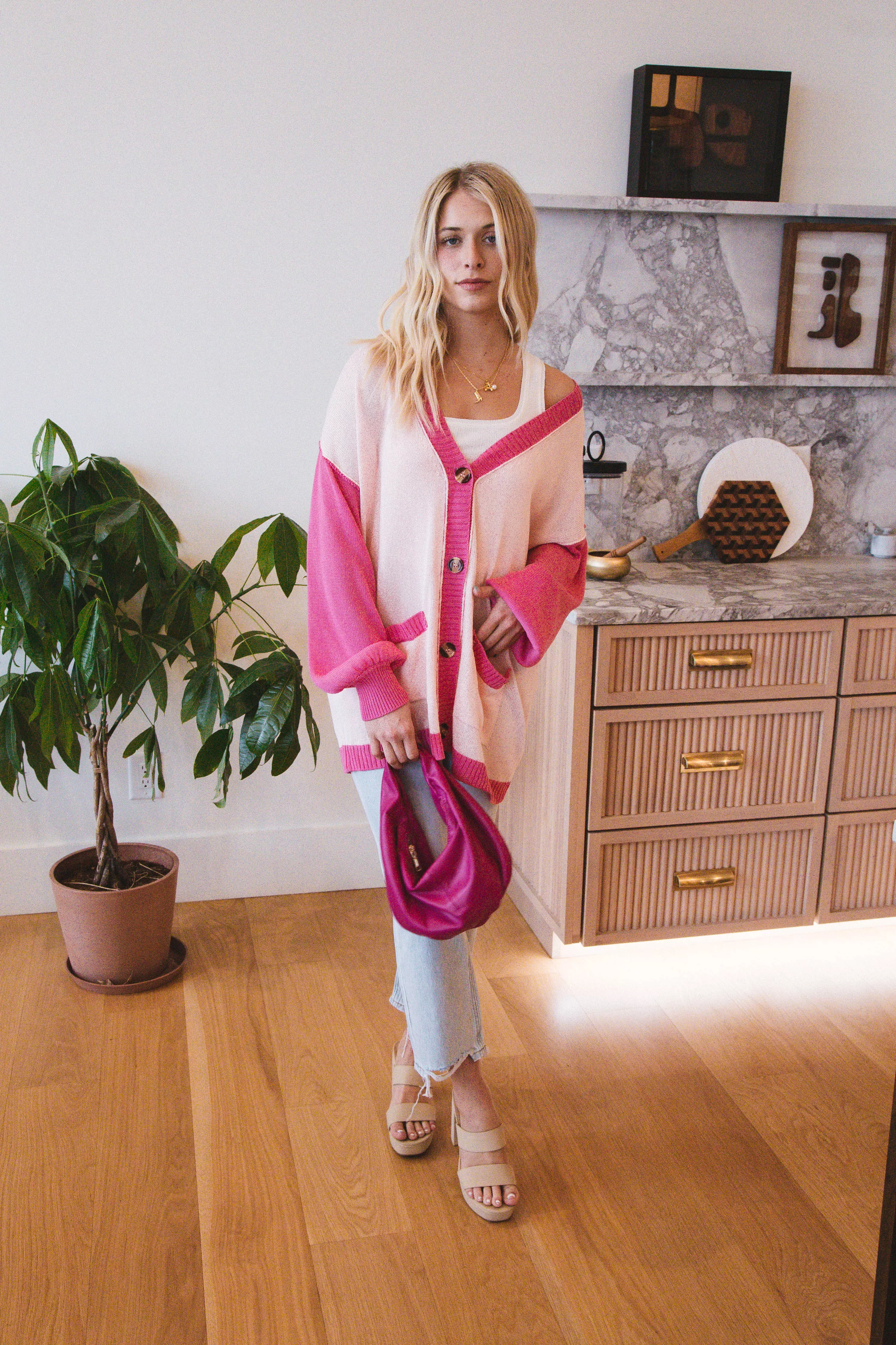 Elliana Colorblock Long Cardigan, Hot Pink Multi