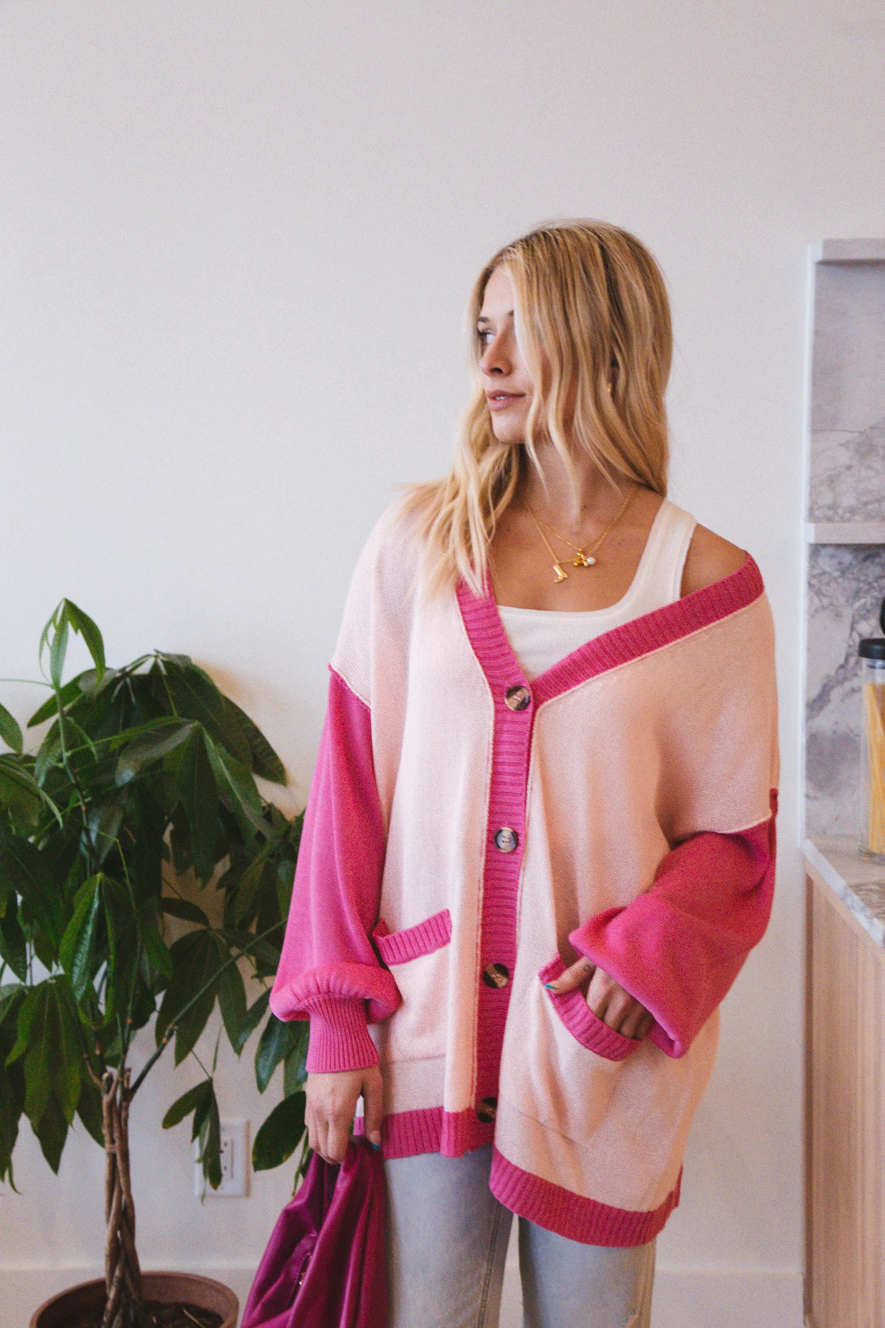 Elliana Colorblock Long Cardigan, Hot Pink Multi