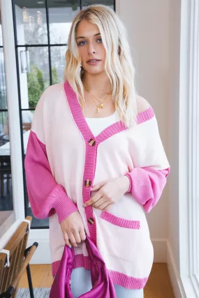 Elliana Colorblock Long Cardigan, Hot Pink Multi