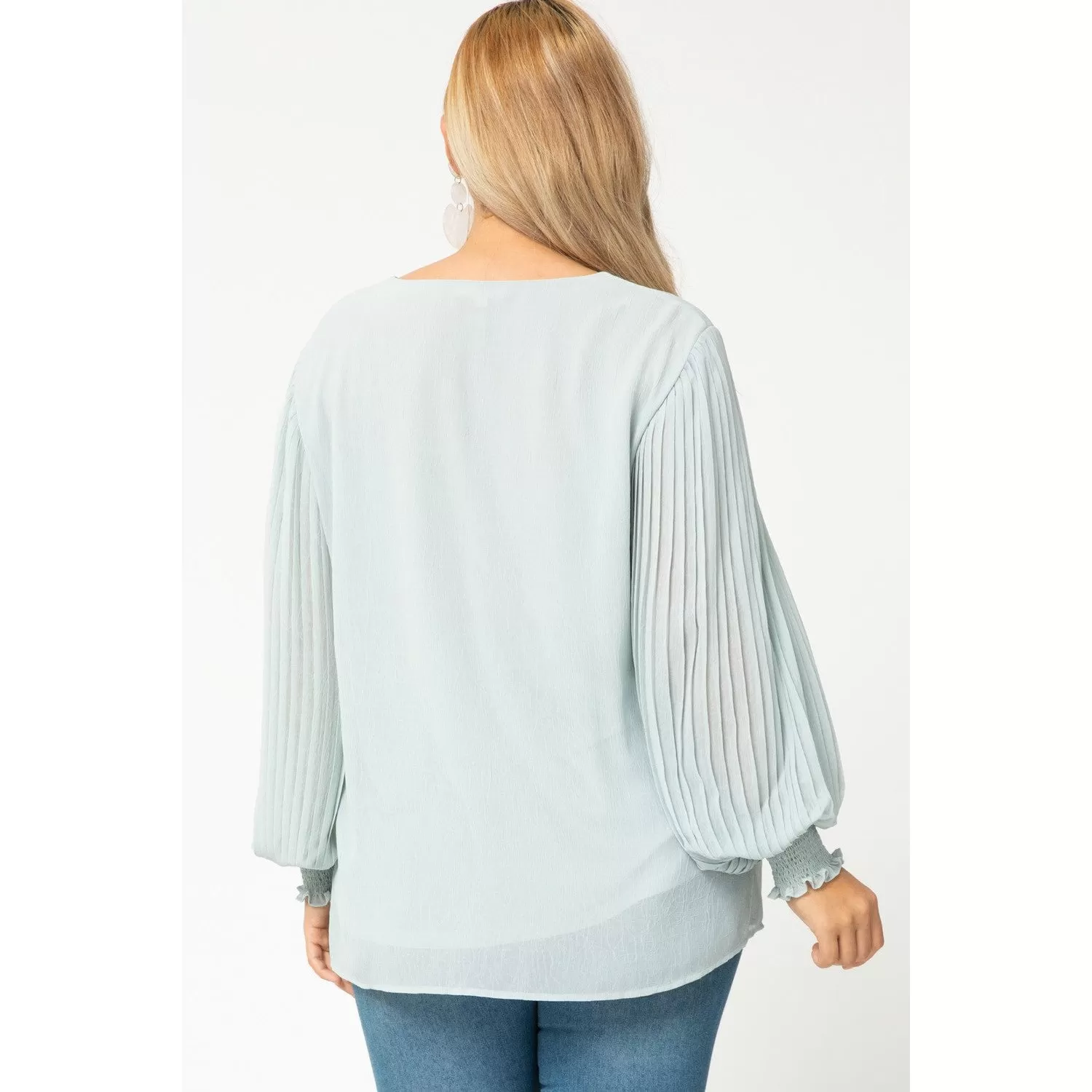 Entro V-Neck Pleated Sleeve Top - Lt Carribean