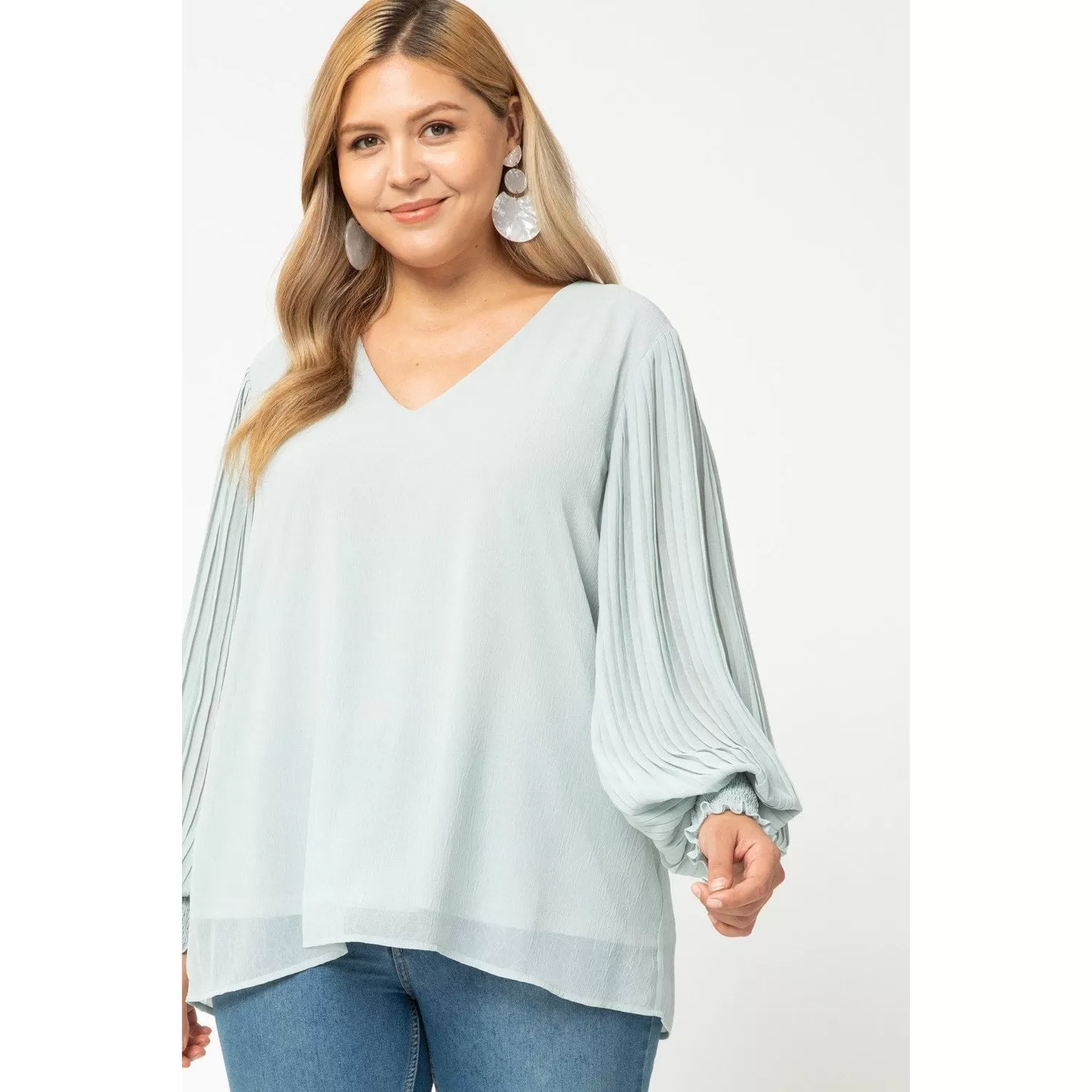 Entro V-Neck Pleated Sleeve Top - Lt Carribean