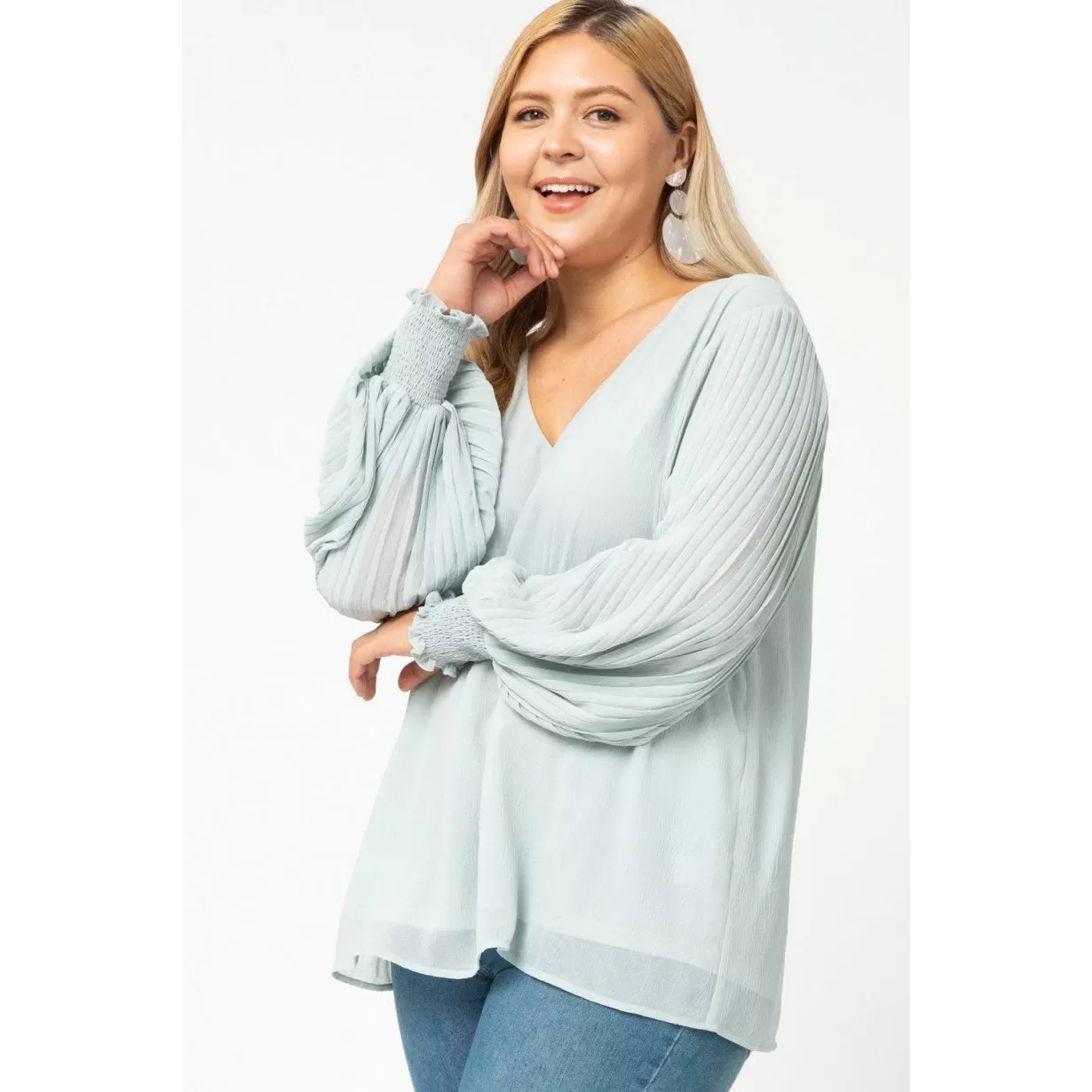 Entro V-Neck Pleated Sleeve Top - Lt Carribean