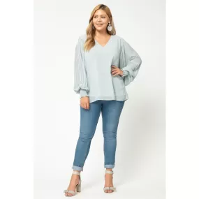 Entro V-Neck Pleated Sleeve Top - Lt Carribean