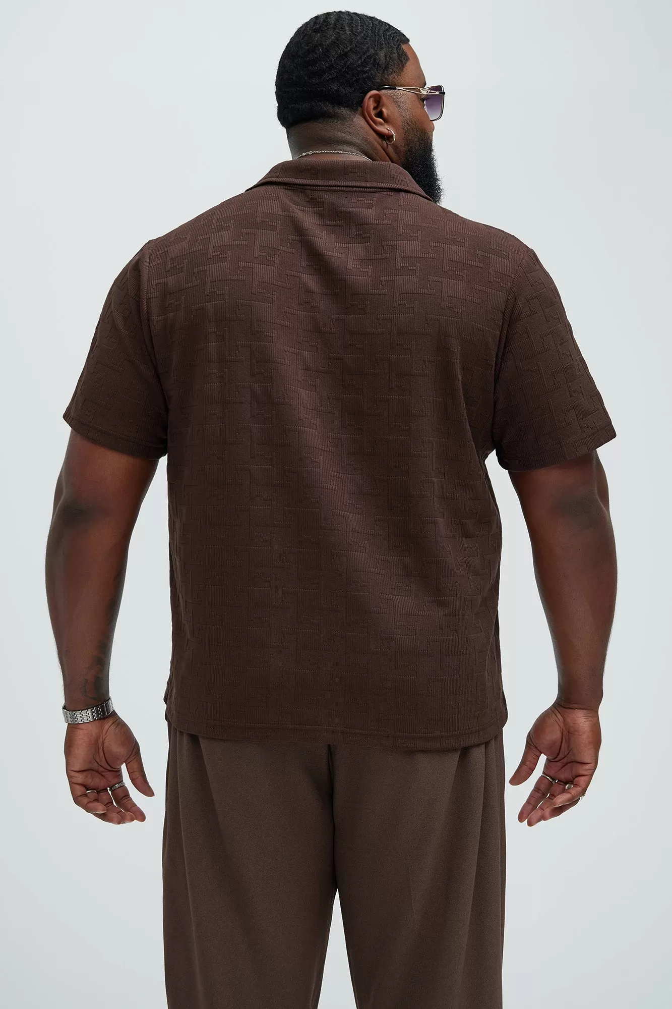 Ethel Textured Knit Johnny Collar Shirt - Brown