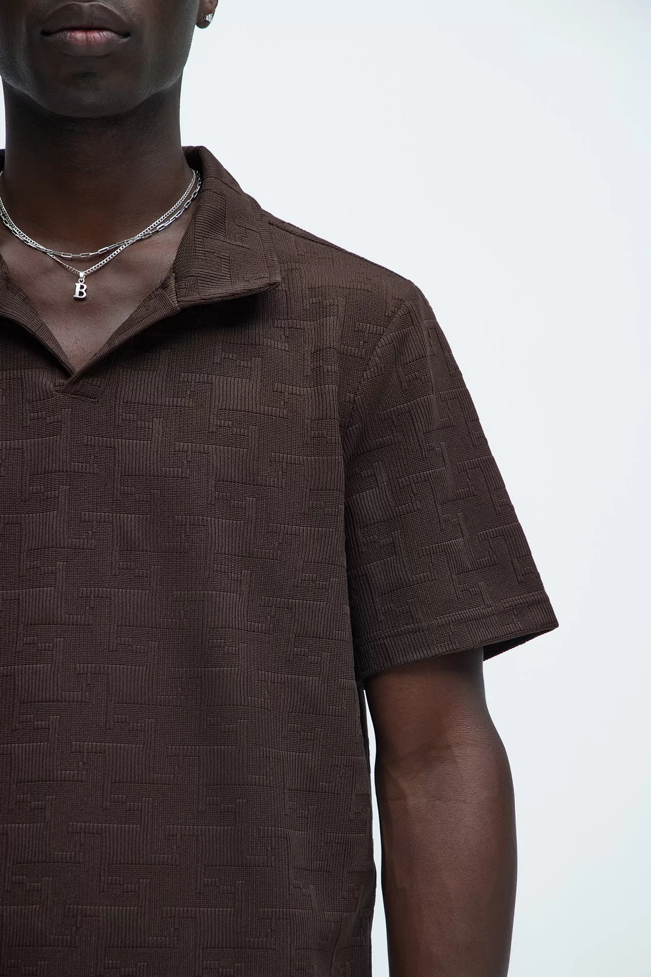 Ethel Textured Knit Johnny Collar Shirt - Brown