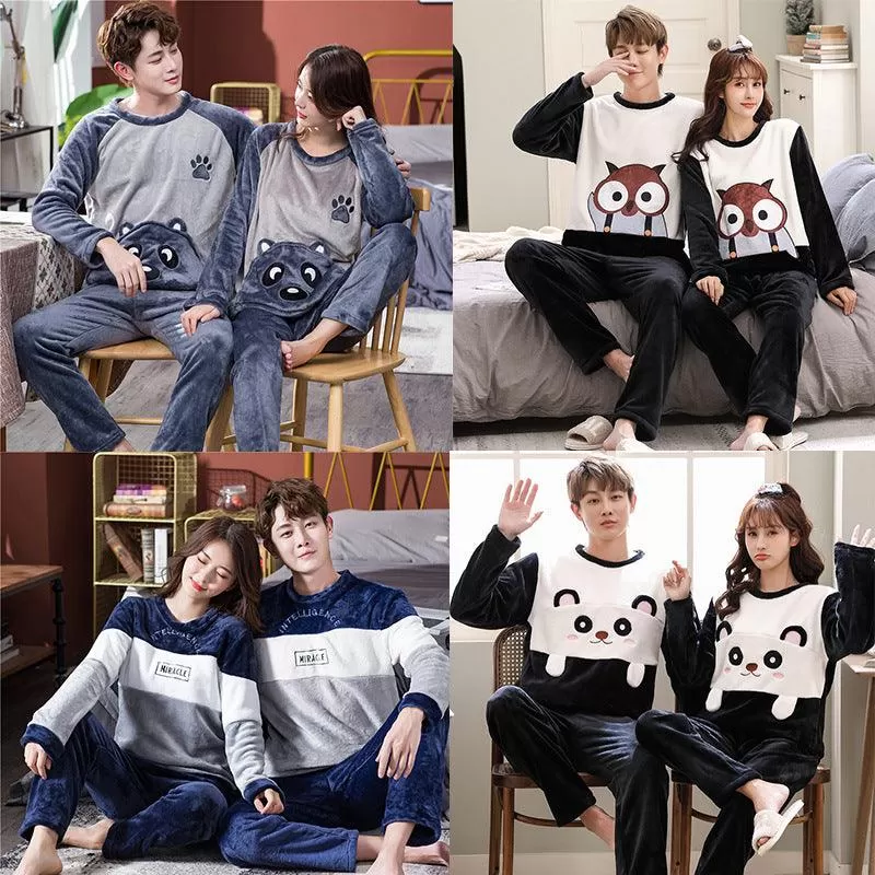 Female Spring, Autumn, Winter Coral Plush Couple Nightwear