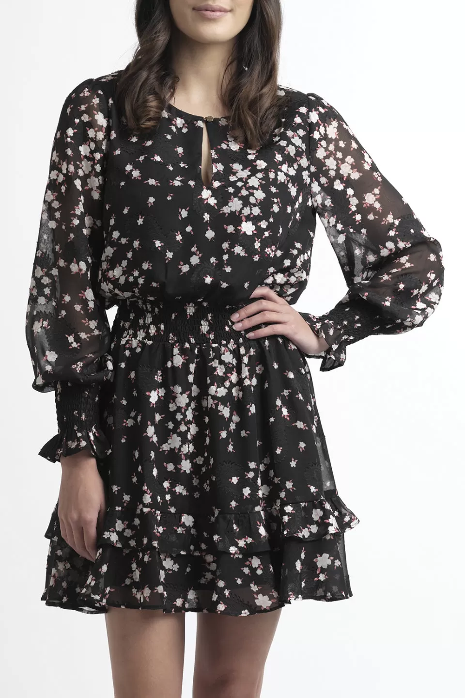 Florida LS Black Floral Shirred Waist Dress