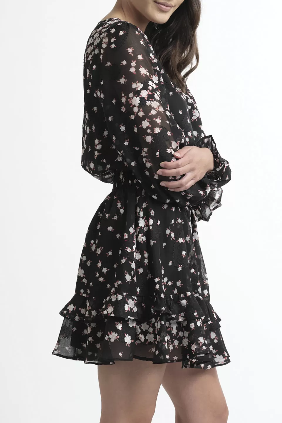 Florida LS Black Floral Shirred Waist Dress