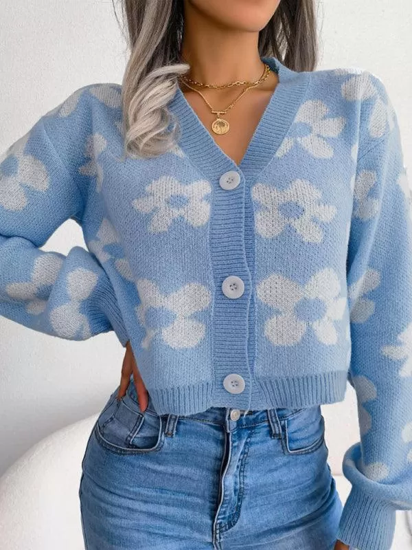 Flower Lantern Sleeve Cardigan Sweater