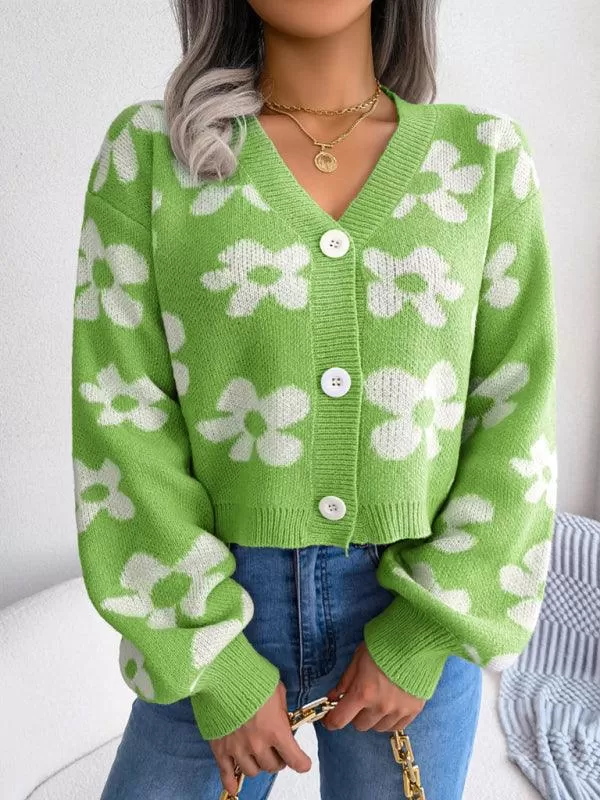 Flower Lantern Sleeve Cardigan Sweater