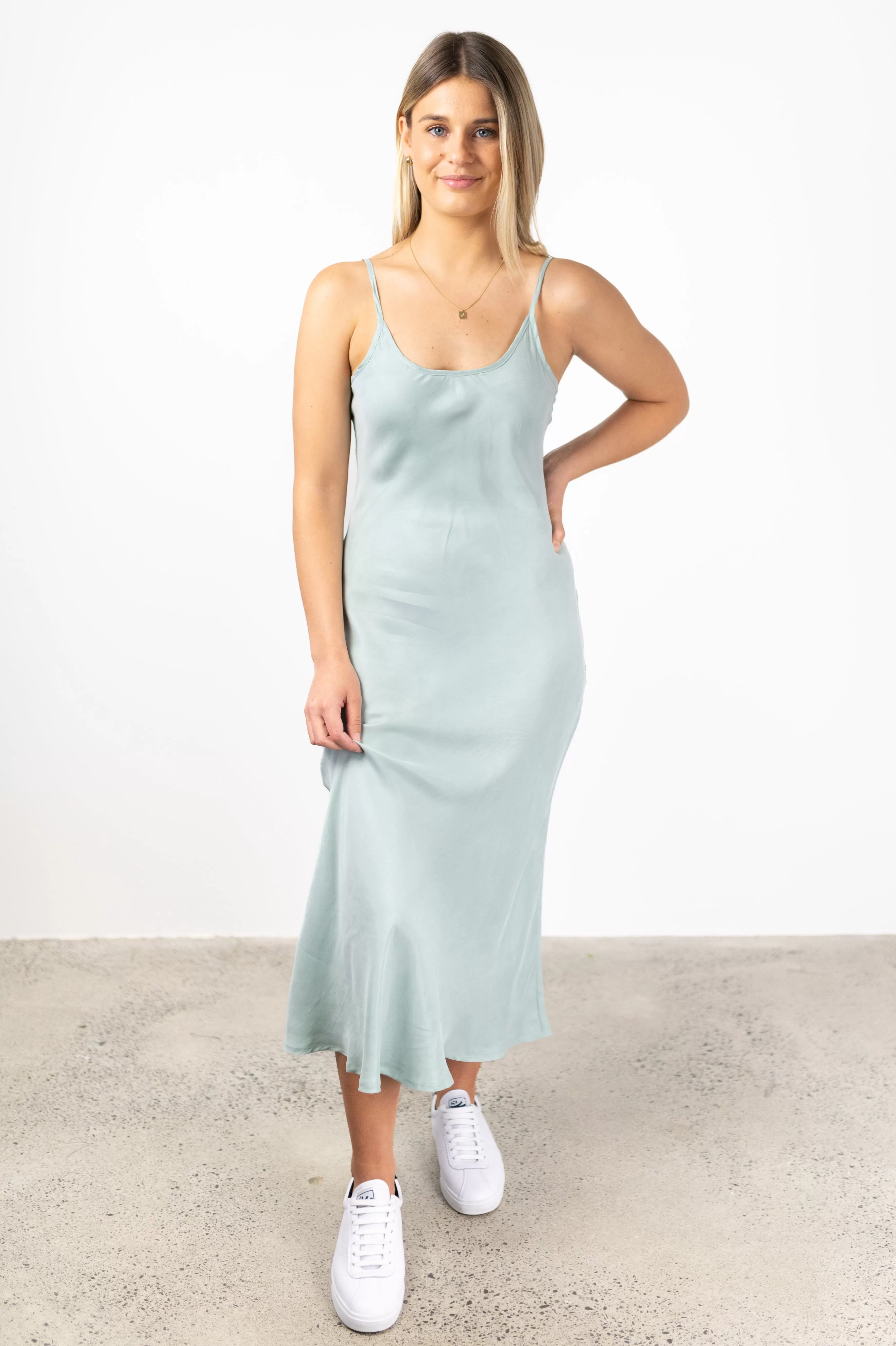 Golden Hour Sea Green Cupro Bias Slip Midi Dress