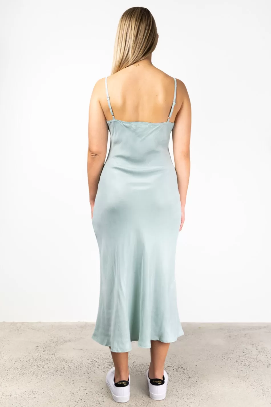 Golden Hour Sea Green Cupro Bias Slip Midi Dress