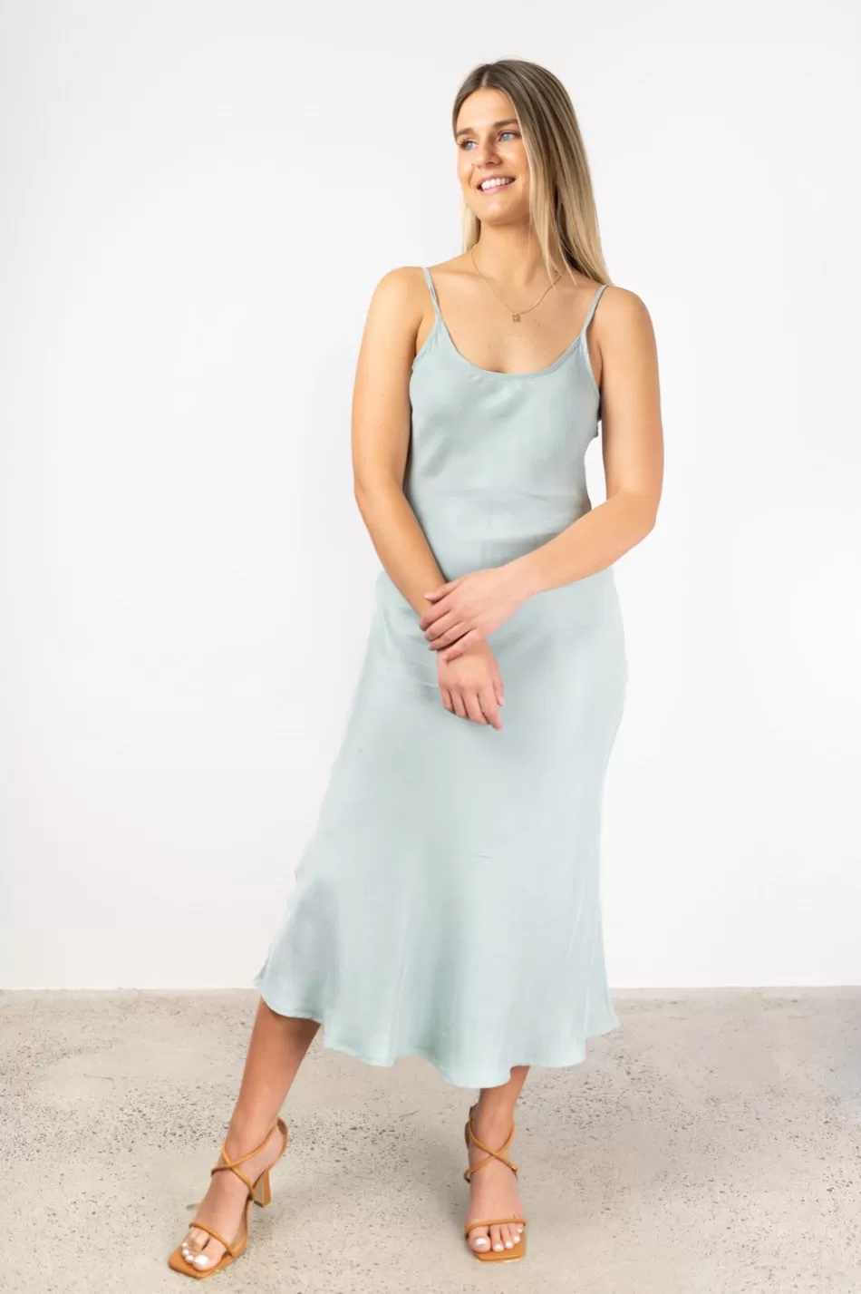 Golden Hour Sea Green Cupro Bias Slip Midi Dress