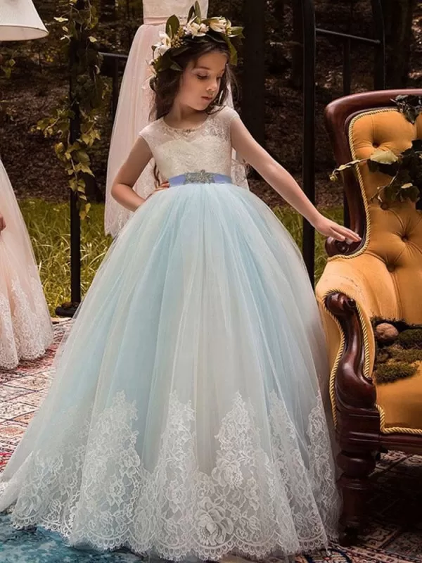 Gorgeous Tulle Lace Appliques Flower Girl Dresses Sleeveless Sash Formal Kids Dress