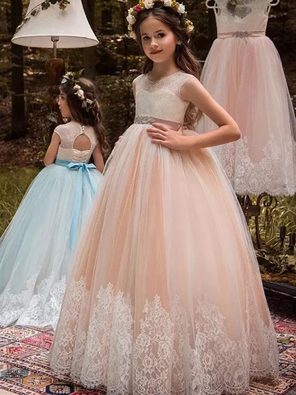 Gorgeous Tulle Lace Appliques Flower Girl Dresses Sleeveless Sash Formal Kids Dress