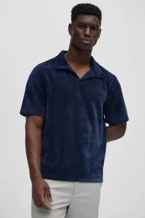 Greenville Waffle Knit Johnny Collar Short Sleeve Polo - Navy