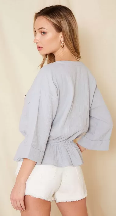 Holland Button Down Peplum Top in Dusty Blue