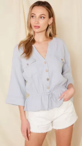 Holland Button Down Peplum Top in Dusty Blue