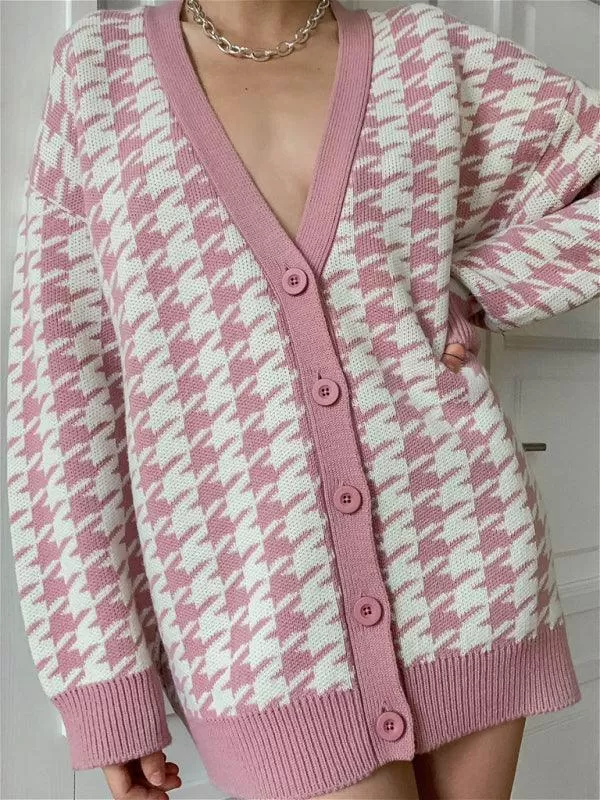 Houndstooth Knitted Women Cardigan Sweater