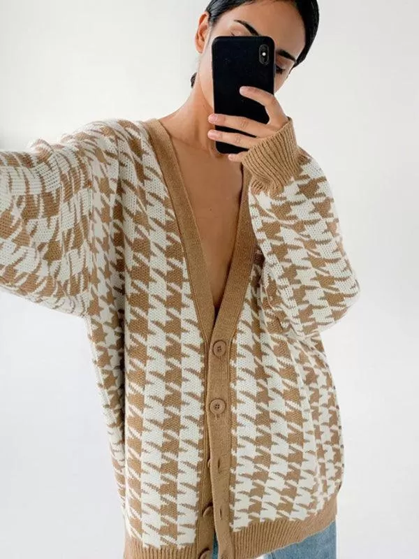 Houndstooth Knitted Women Cardigan Sweater