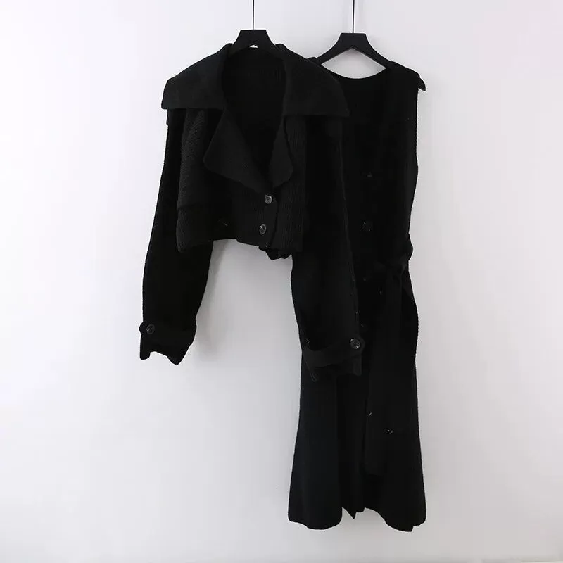 Innovative Knitted 2 Pieces Set For Women Lapel Single Breasted Long Sleeves Coat Straight Belt Dresses