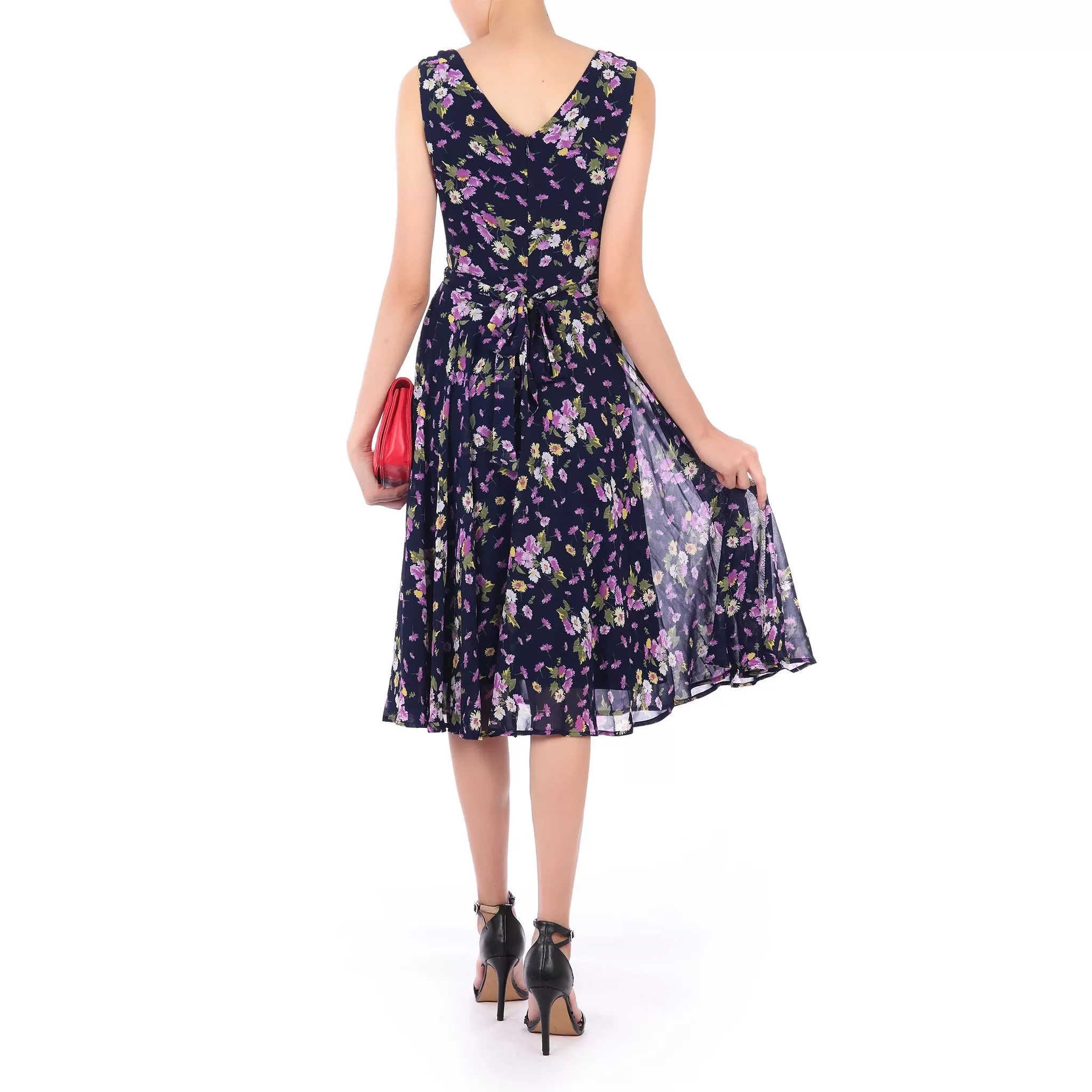 Jolie Moi Navy Blue Floral Sleeveless Chiffon 50s Swing Audrey Dress